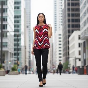 Calvin Klein Geometric Camisole Blouse Modified Chevron Pink Red Black Tank Top